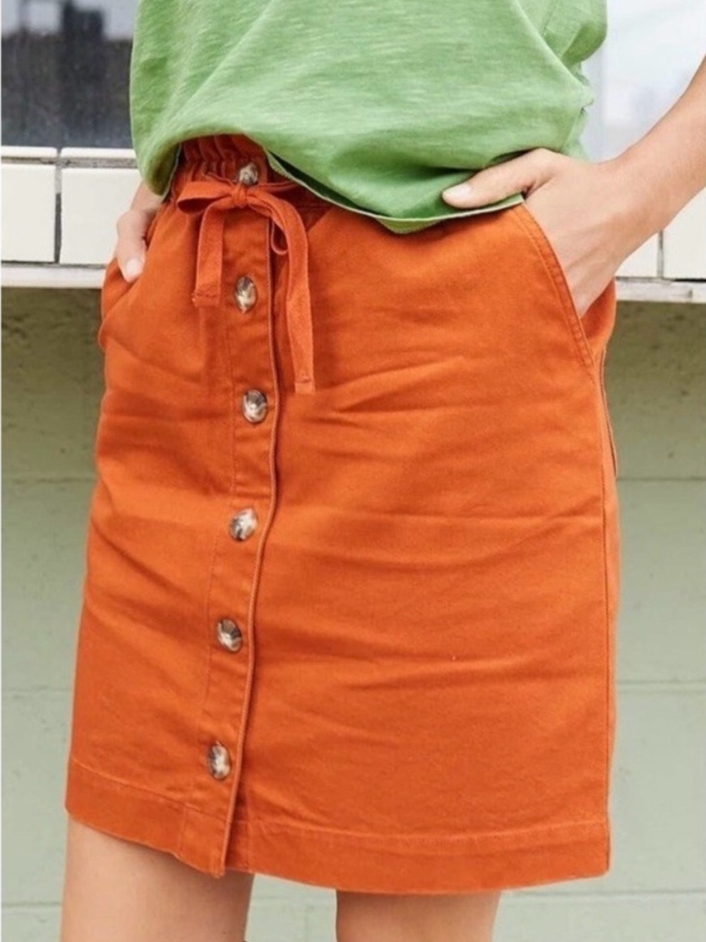 Toad&Co Rust Orange Button-Front Mini Skirt with Tie Waist